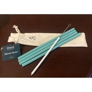 NEW Set 4 Grove Silicone Straws Cleaning Tool Turquoise & Storage‎ Bag